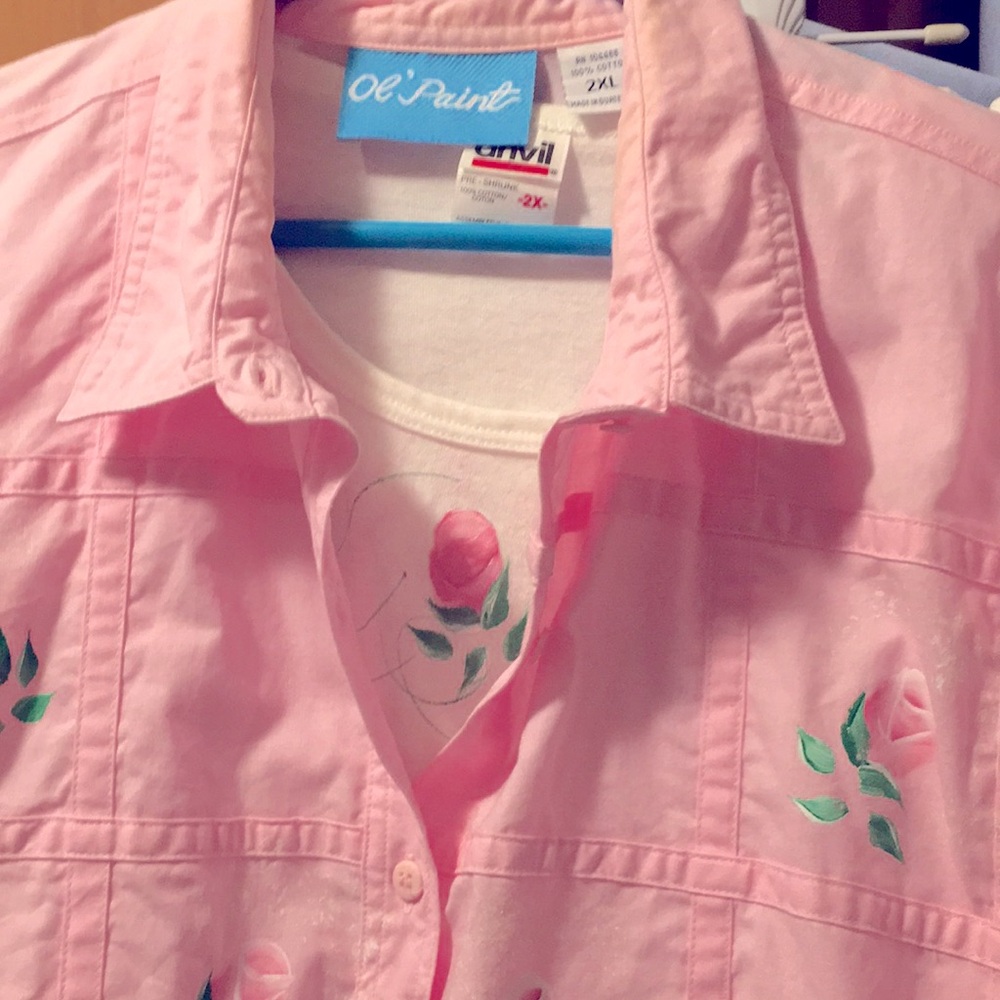 2 XL Pink overshirt w/ hand painted roses